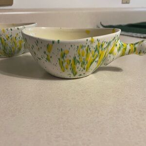 Mid Century Modern Splatter Yellow and Green Soup Bowls with Handles